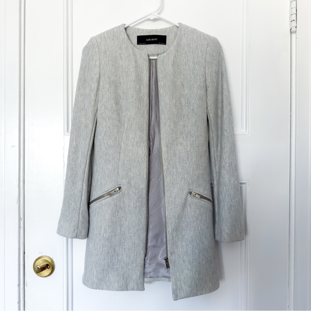 Zara Longline Light Grey Herringbone Coat Jacket